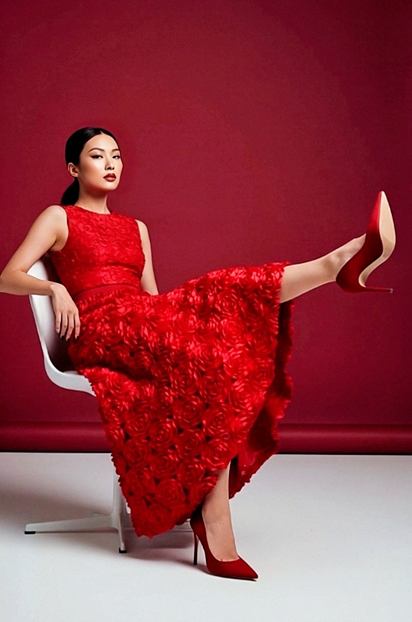Red 3D Flower Full Length Skirt