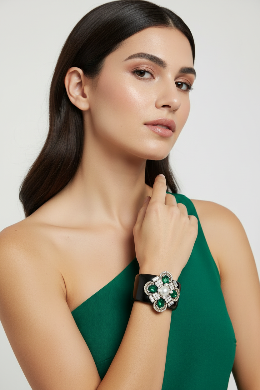 Black and Green Jeweled Cuff Bracelet