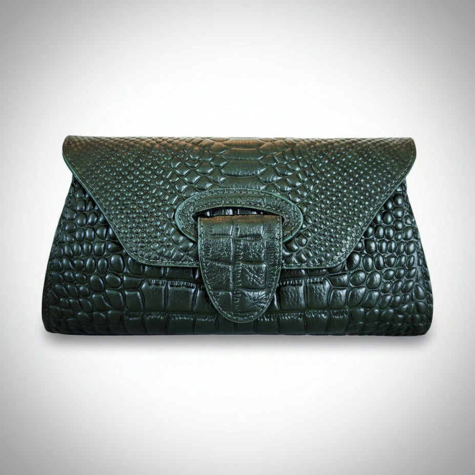 Green Leather Snakeskin Clutch