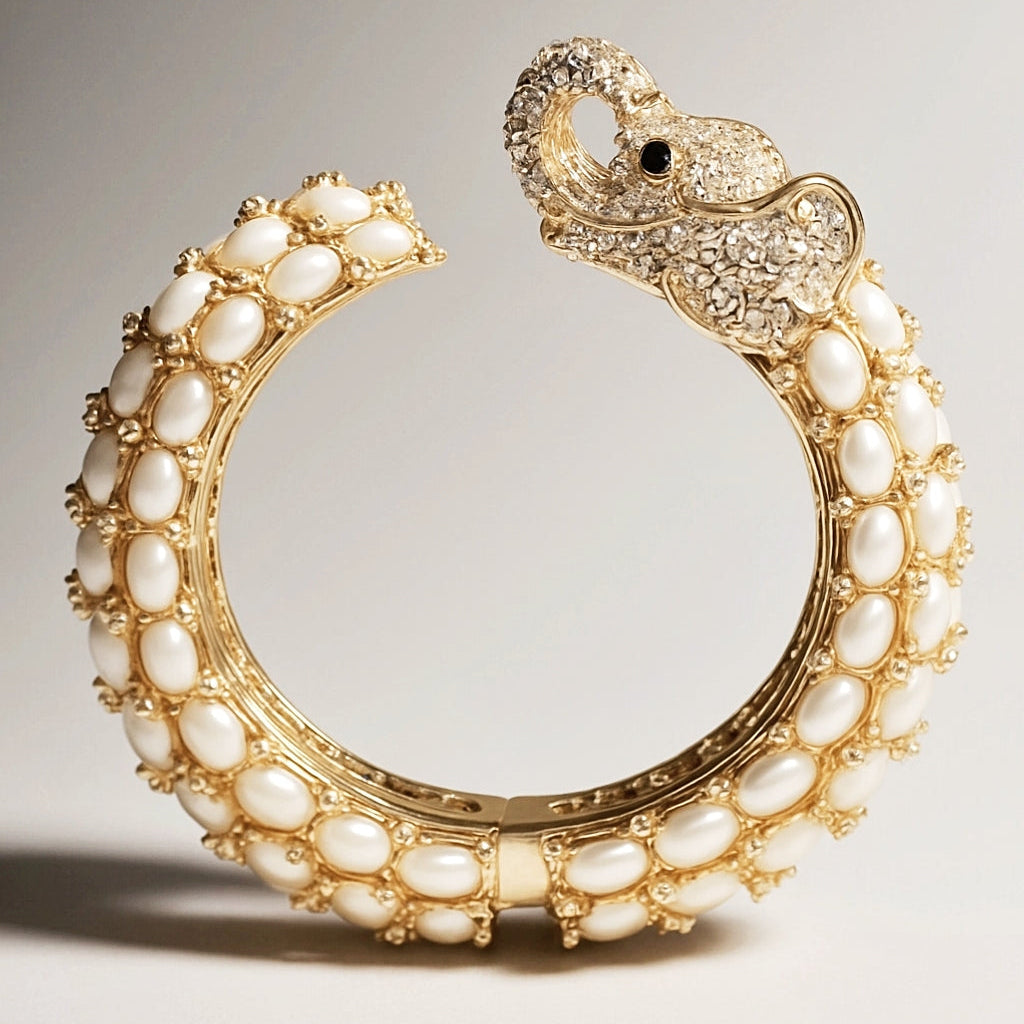 White Pearl Single Head Elephant Cuff Bracelet
