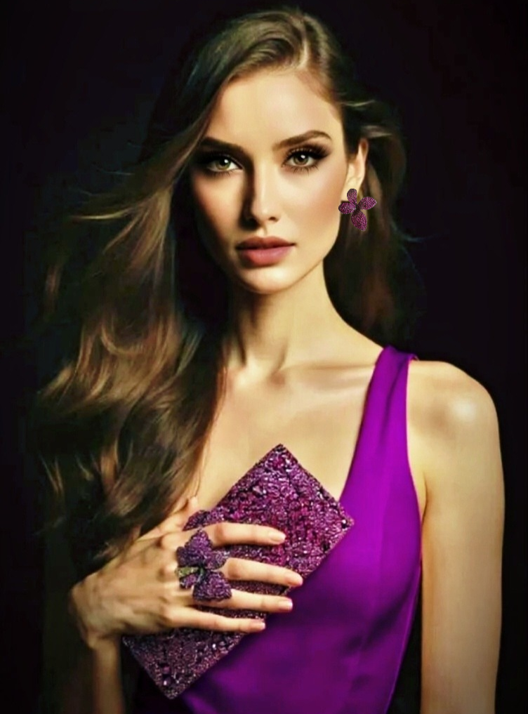 Fuchsia Pink Crystal Clutch, Sterling Silver Pave Orchid Ring and Earrings