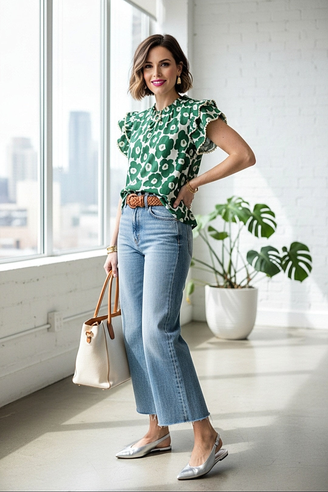 Green and White Print Ruffle Sleeveless Shirt