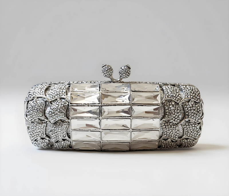Silver Oblong Crystal Clutch