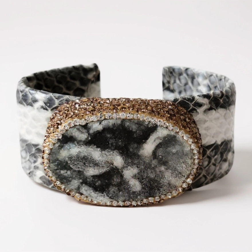 Gray and Gold Snake Print Pave Stone Cuff Bracelet
