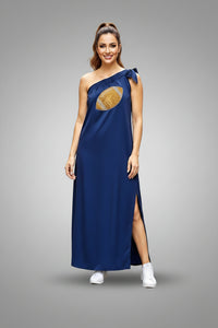 Navy One Shoulder Gold Sequin Football Maxi Dress