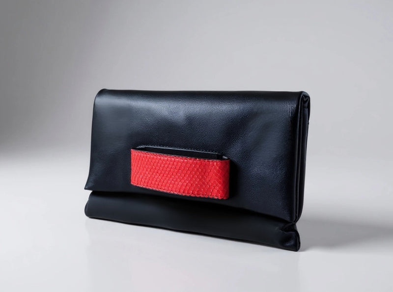 Black and Red Leather Hand Strap Clutch