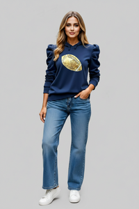Navy Puffy Sleeve Gold Sequin Football Sweatshirt
