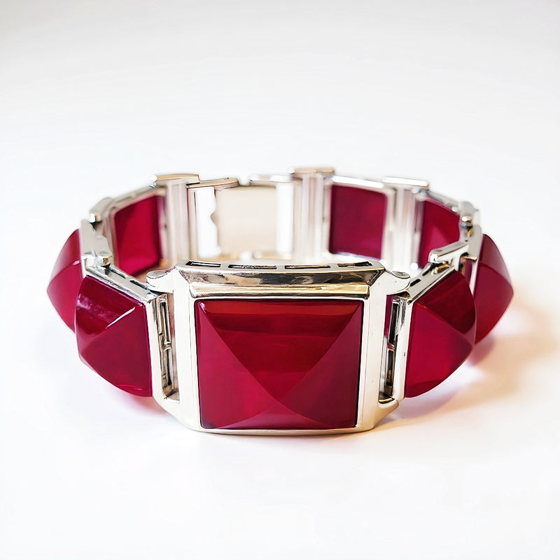 Sterling Silver Red Corundum Geometric Bracelet