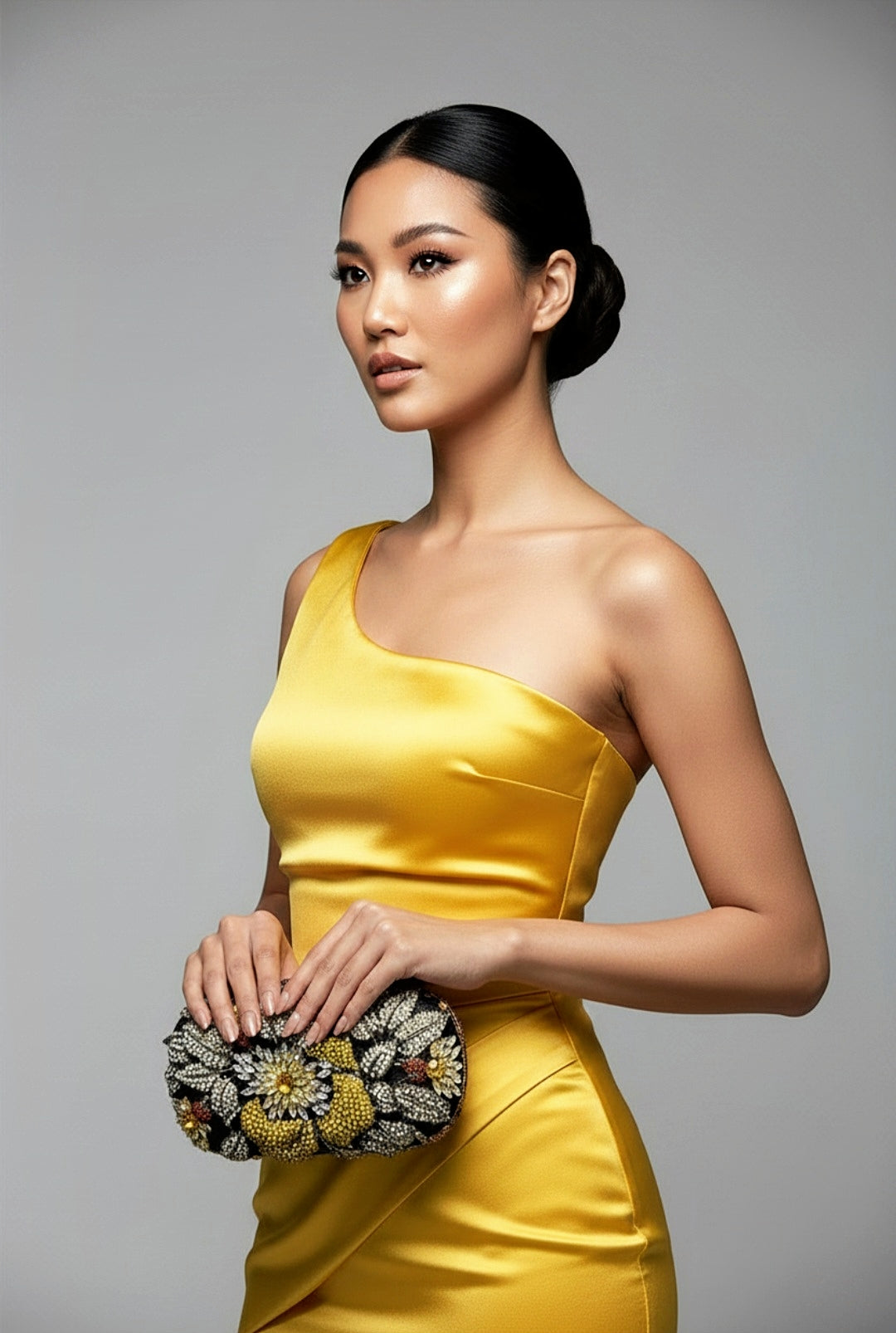 Yellow and Black Crystal Flower Clutch