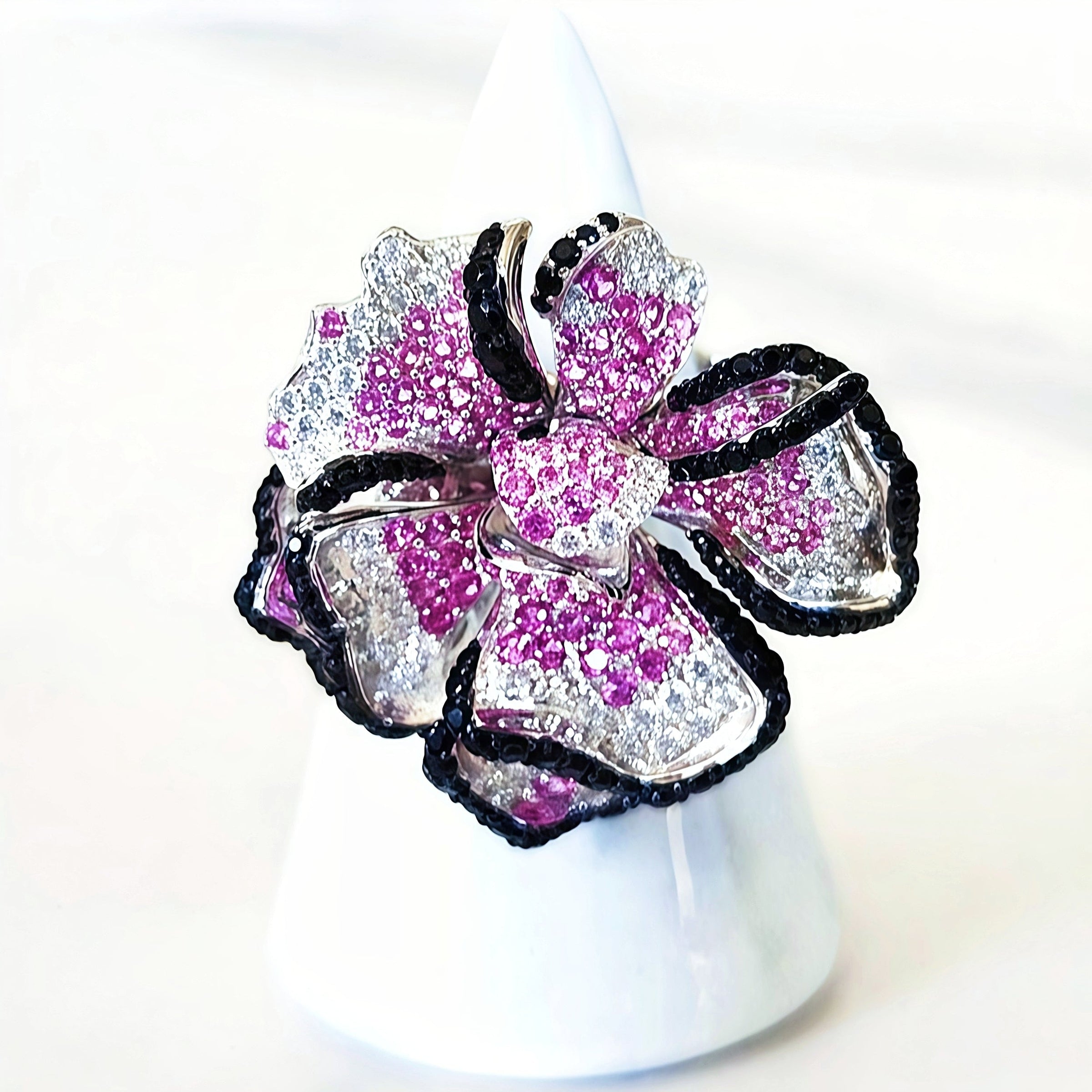 Sterling Silver Pink and Black Pave Flower Ring