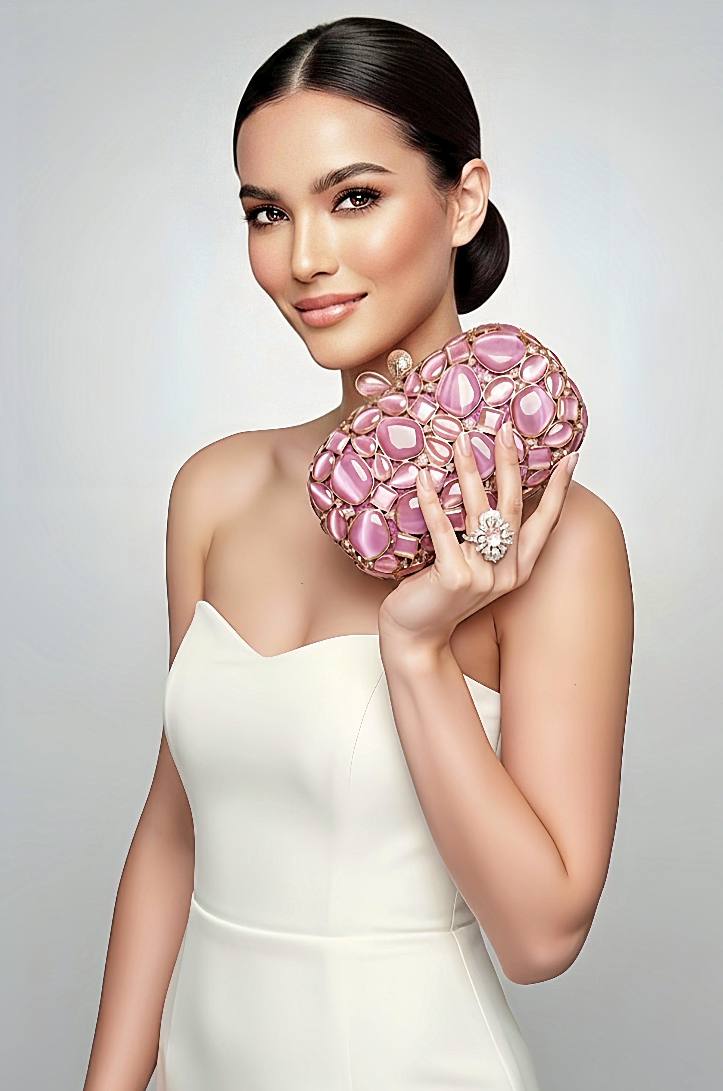 Pink Stone Clutch Purse and Sterling Silver Rose Quartz Ring