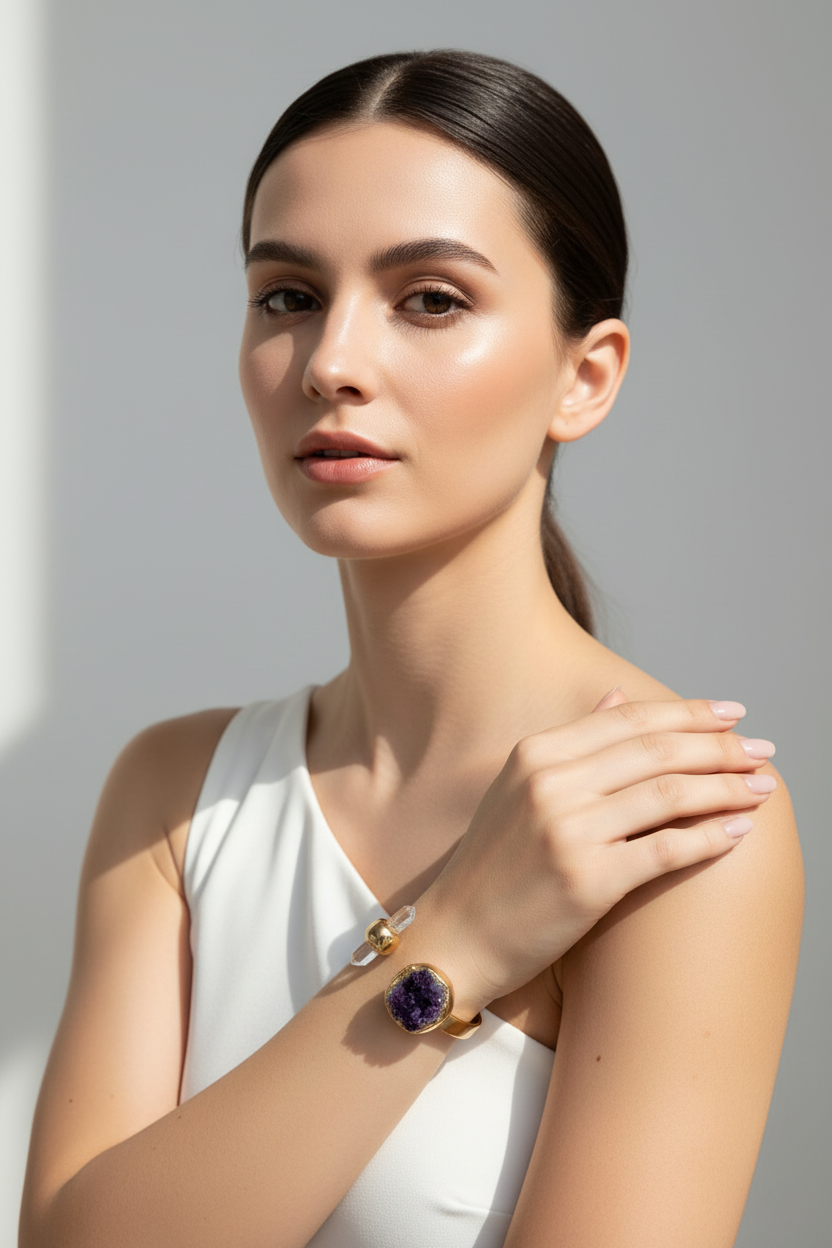 Natural Amethyst Drusy White Quartz Gold Cuff Bracelet