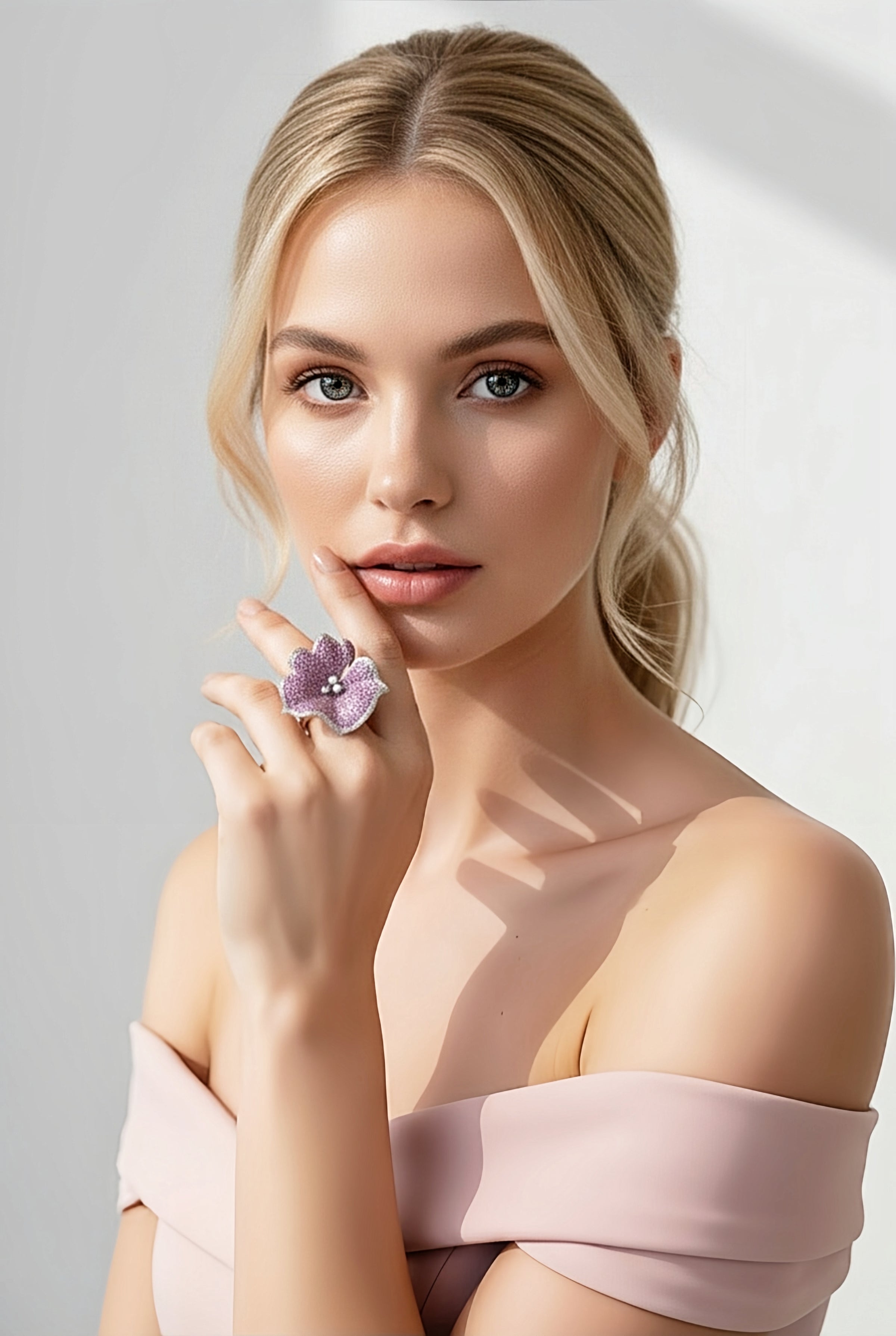Sterling Silver Large Pink Pave Flower Ring
