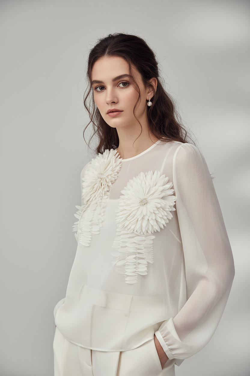 Ivory 3D Flower Translucent Blouse