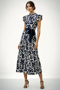 Navy and White Print Maxi Dress