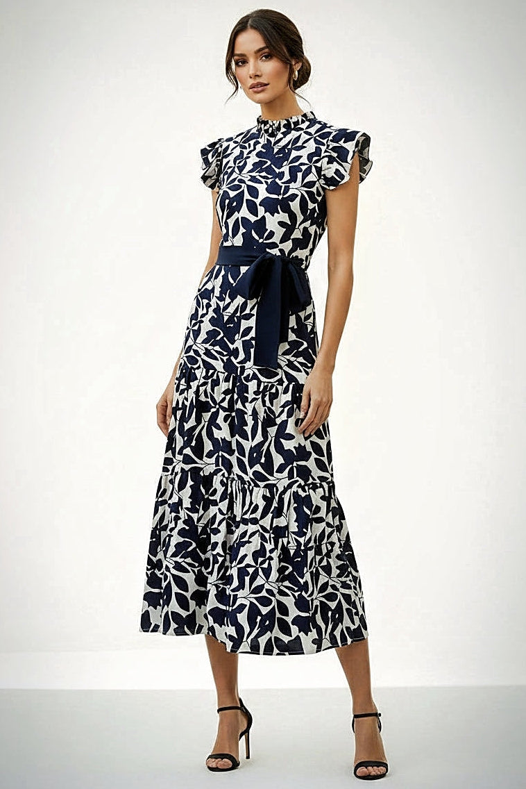Navy and White Print Maxi Dress