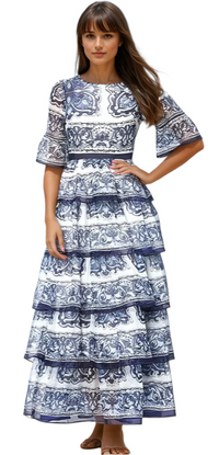 Navy and White Ruffled Dress