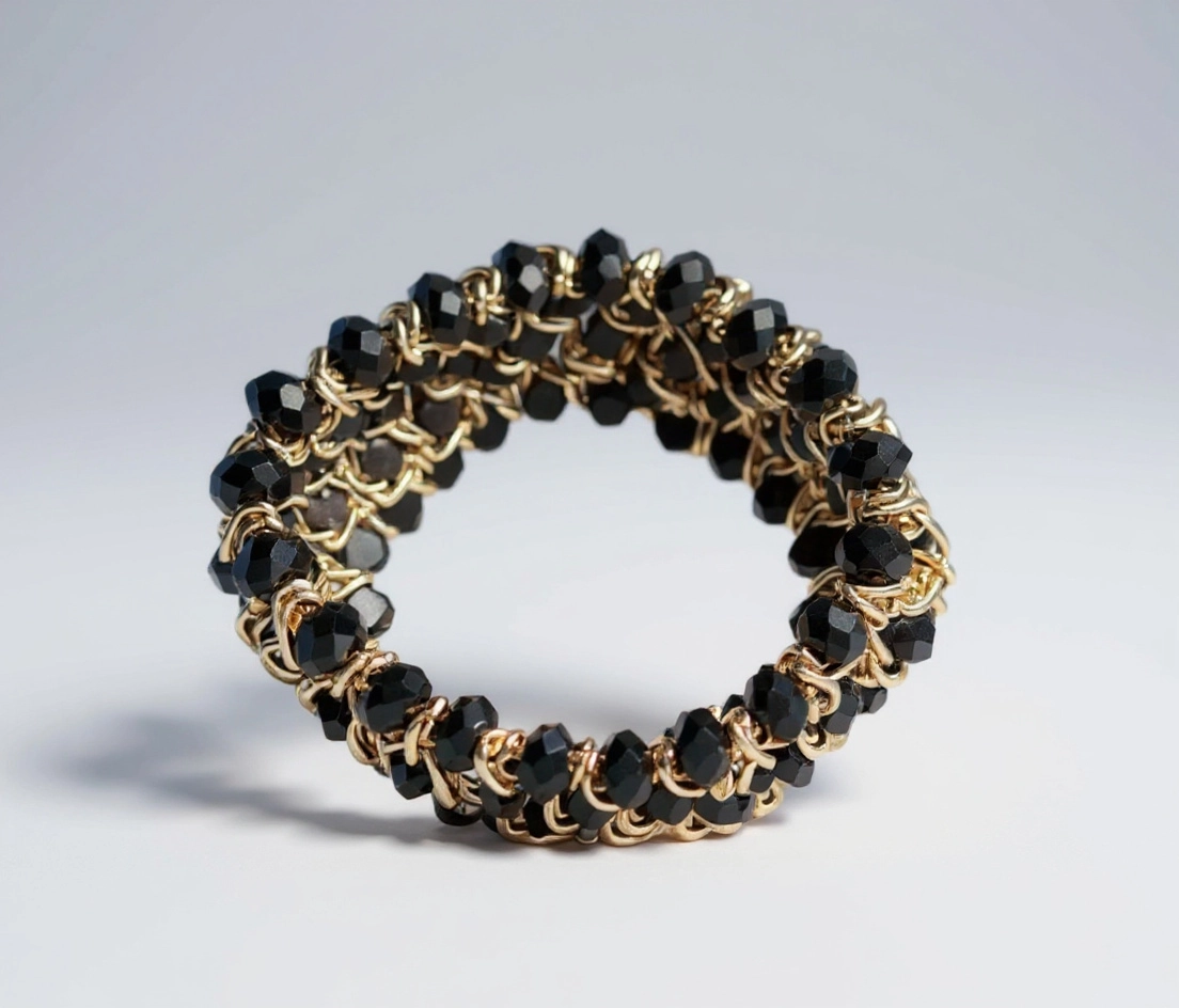 Black and Gold Beaded Stretch Bracelet