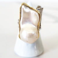 Goldtone Pearl Cuff and Sterling Silver Gold Lined Baroque Pearl Ring