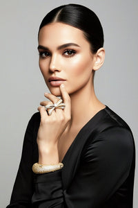 Gold Plated Diamond Baroque Mirror Embellished Cuff Bracelet and Sterling Silver Diamond Encrusted Bow Ring