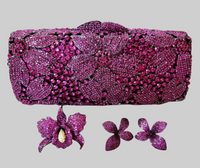 Fuchsia Pink Crystal Clutch, Sterling Silver Pave Orchid Ring and Earrings