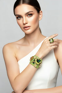 Light Green Flower Cuff and Sterling Silver Aquamarine Ring