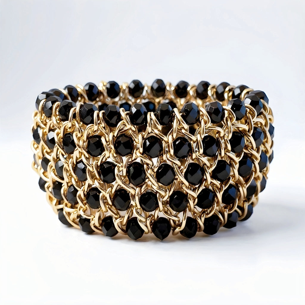 Black and Gold Beaded Stretch Bracelet