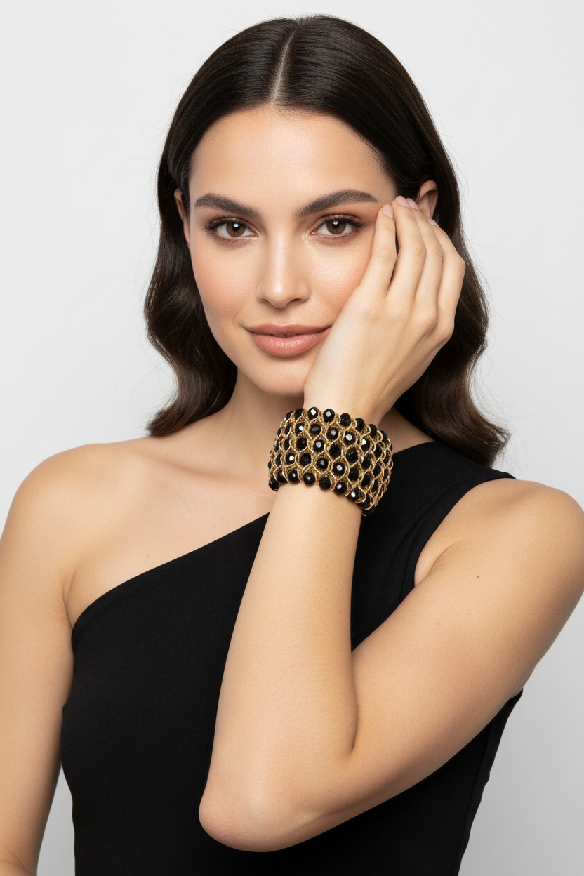 Black and Gold Beaded Stretch Bracelet