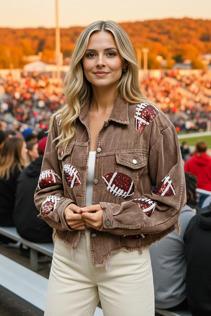 Brown Corduroy Sequin Football Jacket