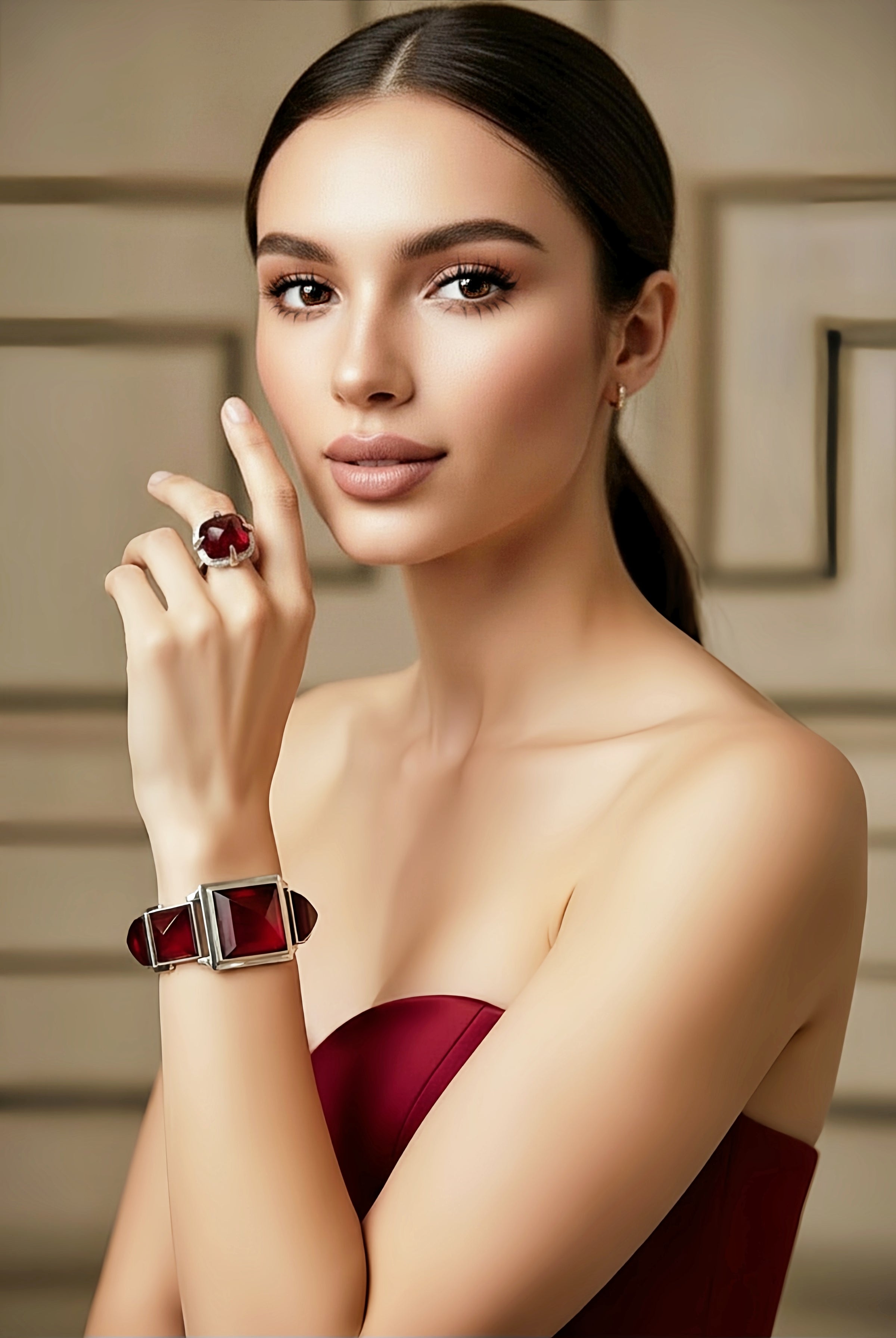 Sterling Silver Red Corundum Bracelet and Ring