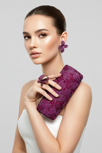 Fuchsia Pink Crystal Clutch, Sterling Silver Pave Orchid Ring and Earrings