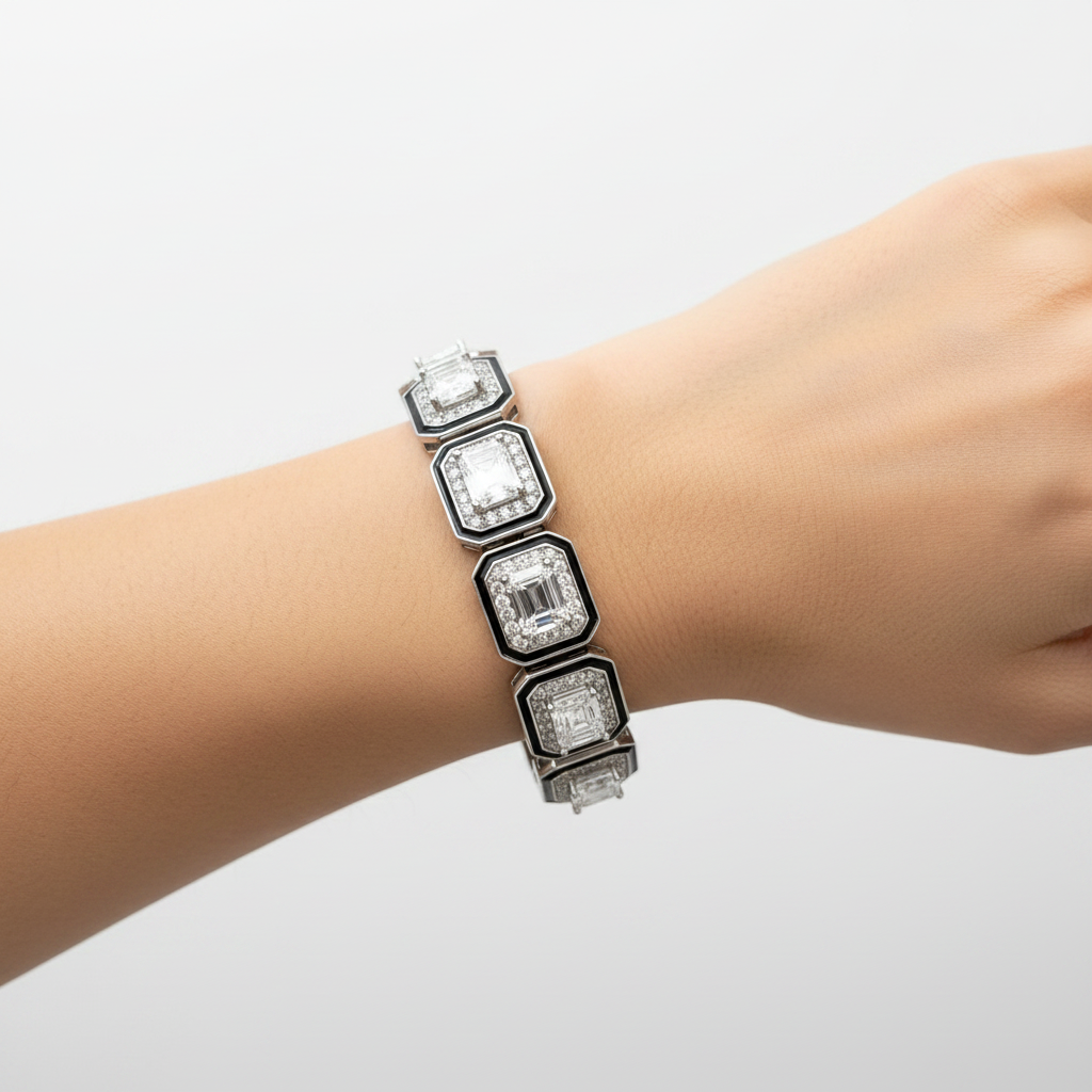 Sterling Silver Black Enamel Trimmed Emerald Cut Diamond Tennis Bracelet