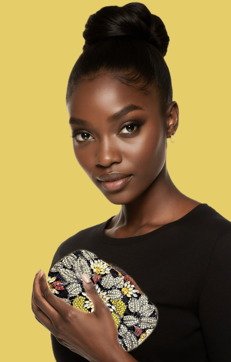 Yellow and Black Crystal Flower Clutch